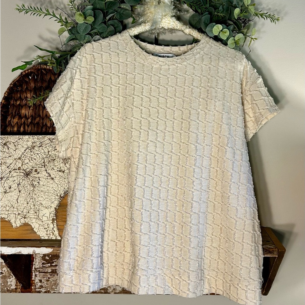 See and Be Seen Cream Boxy Short Sleeve Top with Texture and Sparkle